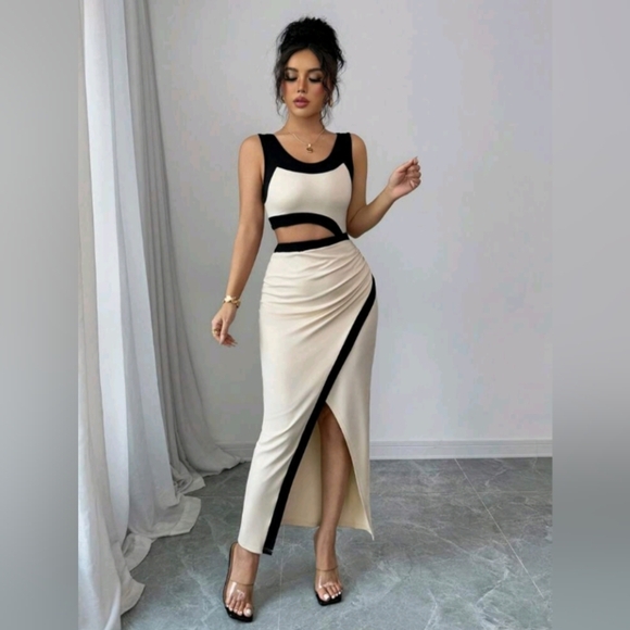Rafferiza Asymmetrical One Shoulder Crop Top Maxi Dress, Sexy & Elegant - Picture 1 of 5